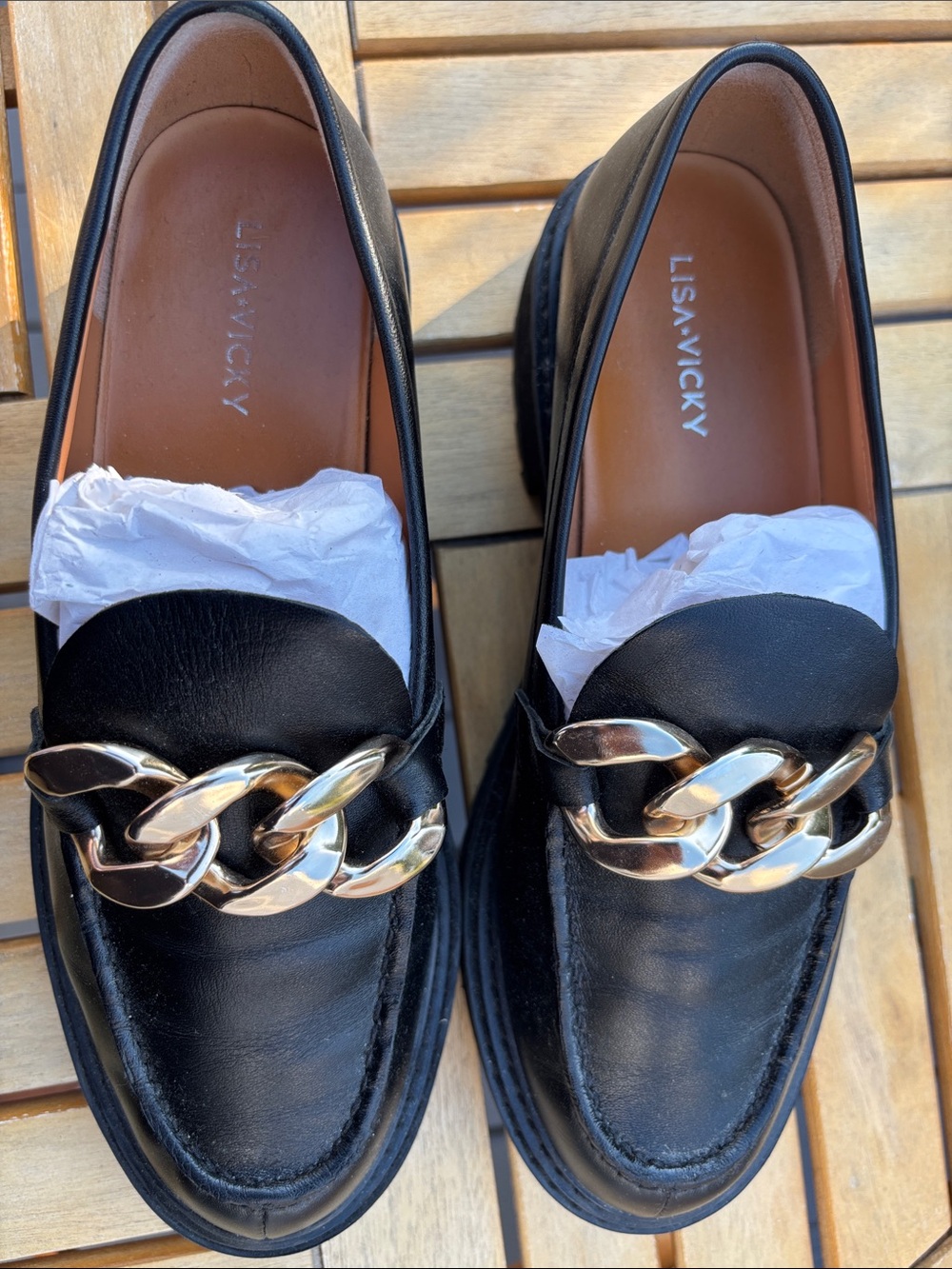 Lisa Vicky Black Leather Loafers with Gold Chain Accent
